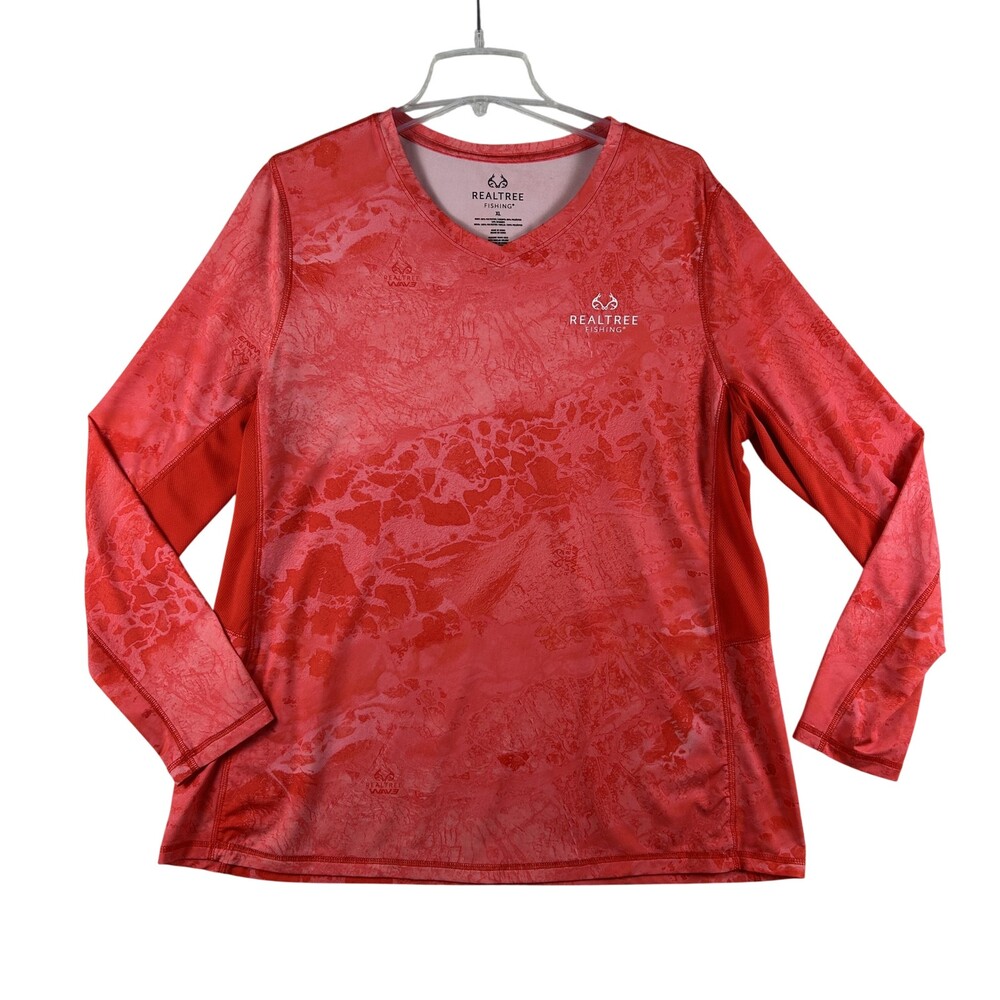 Realtree Fishing Shirt Womens XL Red Camo Long Sleeve V-Neck Performance Top